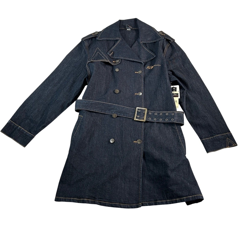 FUBU The Collection Dark Wash Denim Trench Coat Belted Y2K 3X 838066FX New